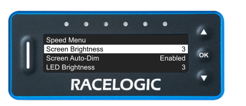 VBOX Pit Lane Timer showing the Screen Brightness option in the Display Menu.