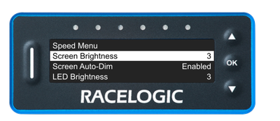 VBOX Pit Lane Timer showing the Screen Brightness option in the Display Menu.
