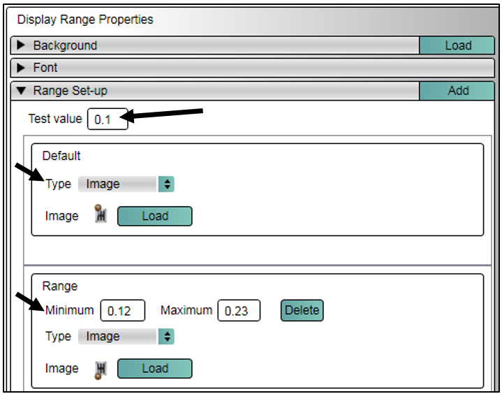 Screenshot of the Display Range Properties with arrows highlighting the Test Value, the type and Range values under the Range Set-up section.