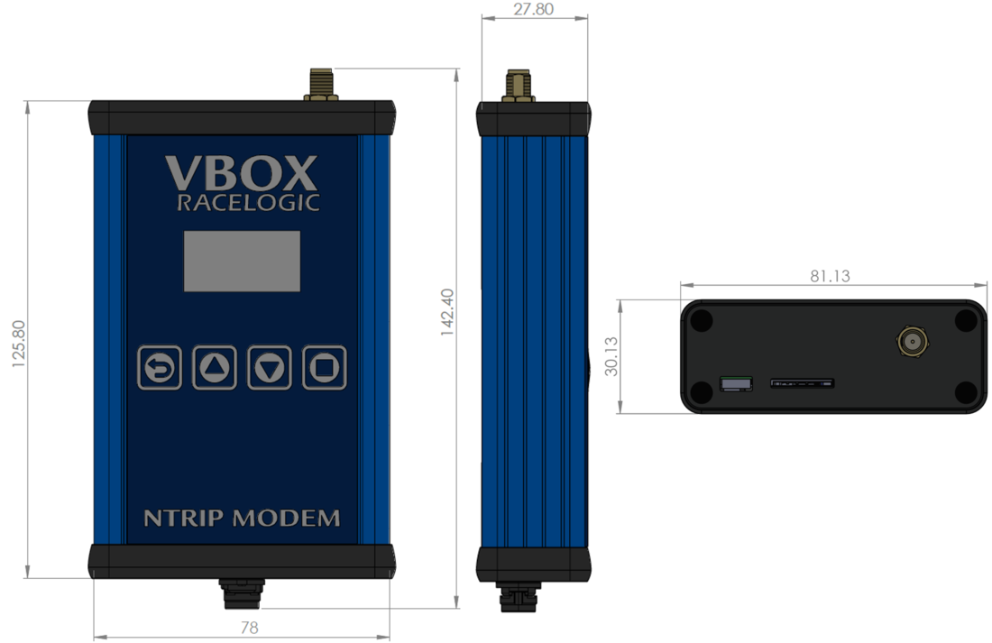 Drawing of all views of NTRIP Modem with dimensions
