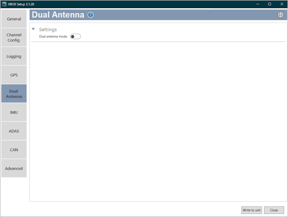 Screenshot of the Dual Antenna menu in VBOX Setup software when connected to a VBOX 3i ADAS, when Dual Antenna is disabled.