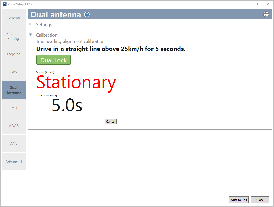 Screenshot of the Dual Antenna menu in VBOX Setup when connected to a VBOX 3i ADAS. The Calibration area is expanded and the True Heading Alignment Calibration status is shown.