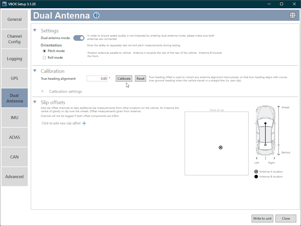 Screenshot of the Dual Antenna menu in VBOX Setup software when connected to a VBOX 3i ADAS, when Dual Antenna is enabled.