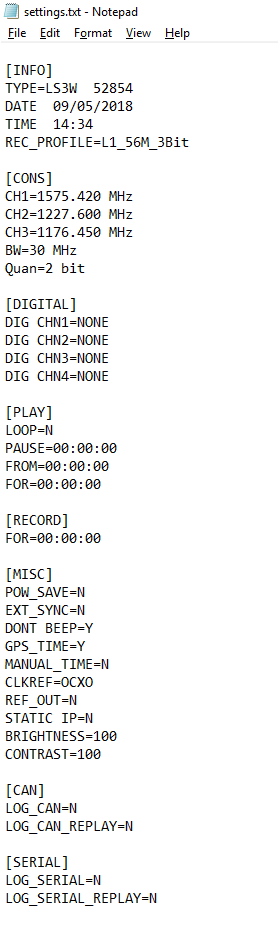 Settings configuration file showing LabSat recording, playback, timing, CAN, and serial interface parameters.