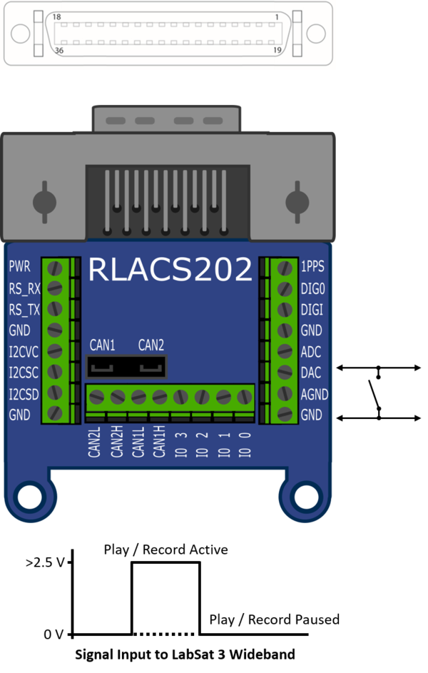 RLACS202 expansion connector adapter diagram showing pin numbering and CAN, RS232, digital I/O, analogue, and power connections.