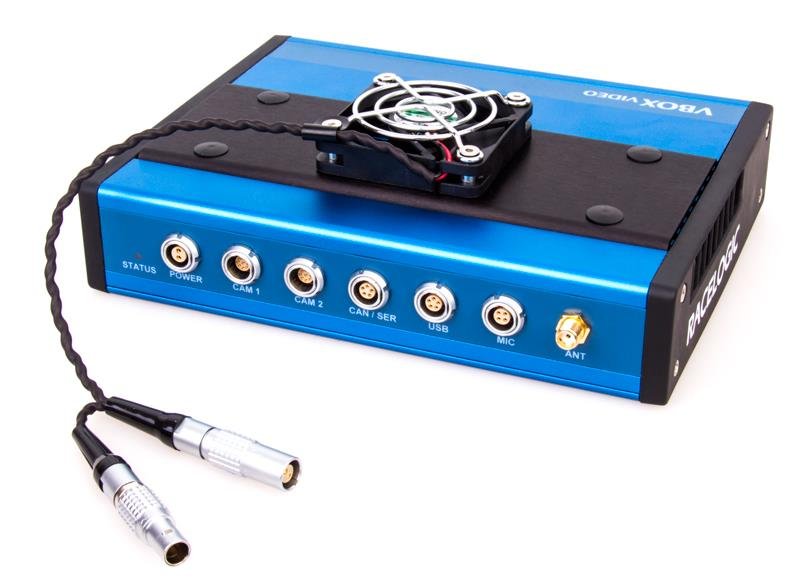 Photograph of a VBOX Video HD2 fitted with a Harsh Environment Fan.