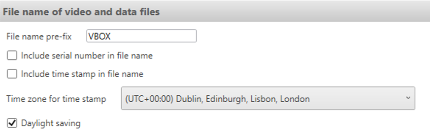 Screenshot of the File name of Video and Data Files settings.
