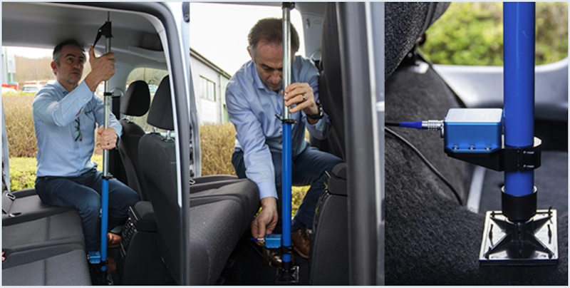 Group of three photographs showing how to mount an IMU inside a vehicle using a Mounting Arm.