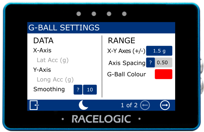 MFD Touch displaying the Data/Range screen in the G-Ball Settings.