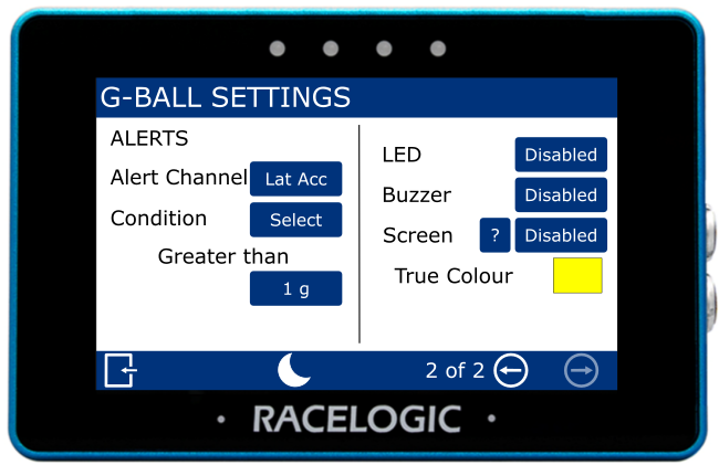 MFD Touch displaying the Alerts screen in the G-Ball Settings.