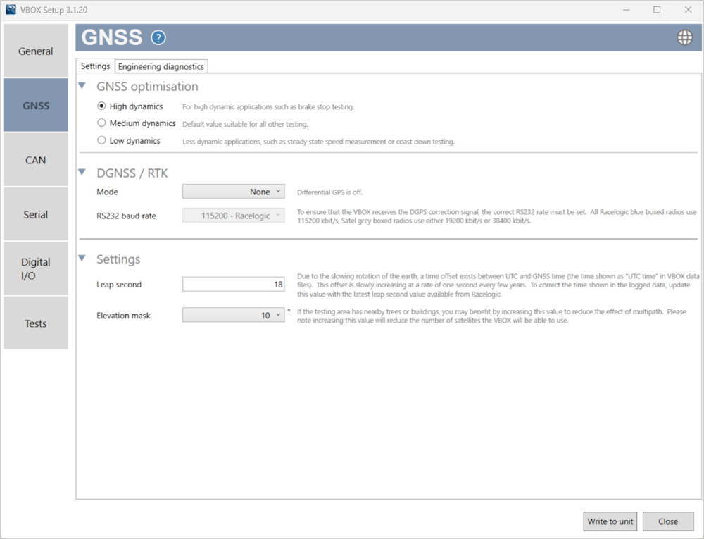 Screenshot of the GNSS menu in VBOX Setup when connected to a VBOX 100 Hz Speed Sensor (v5) unit.
