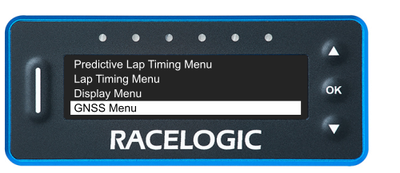 VBOX LapTimer showing the Main Menu with the GNSS Menu option highlighted. 