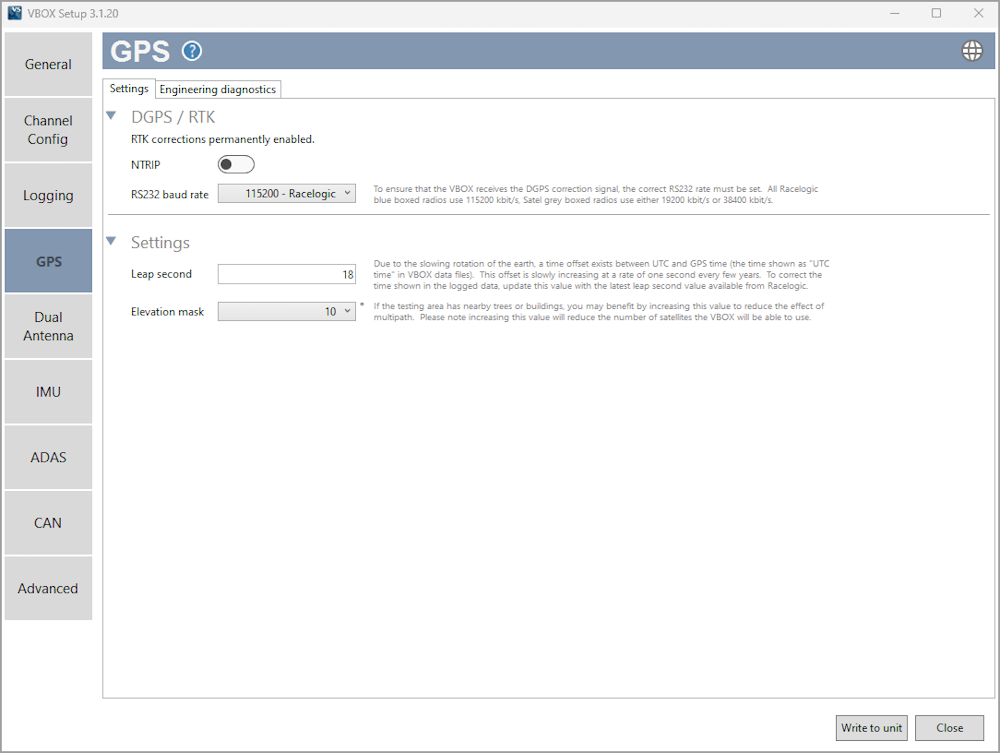Screenshot of the GPS menu in VBOX Setup software when connected to a VBOX 3i ADAS.