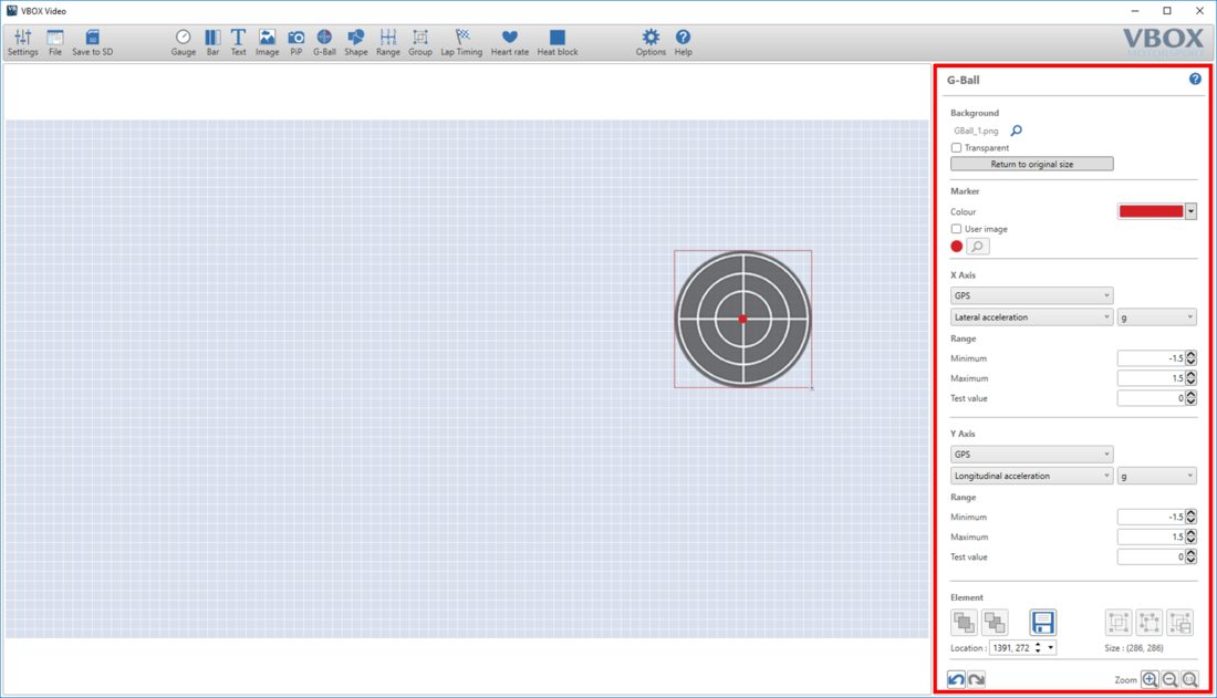 Screenshot of the software with the G-Ball Settings pane highlighted on the right hand side.