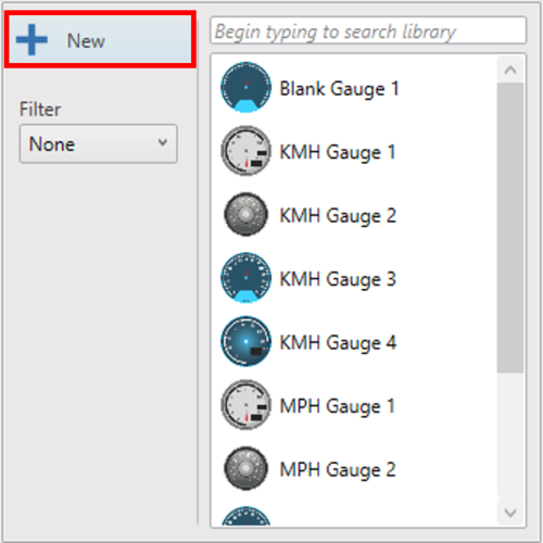 Screenshot of the Gauge menu with New highlighted.