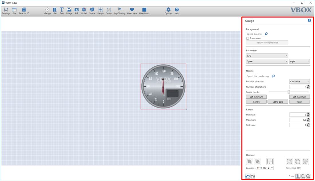 Screenshot of the software with the Gauge Settings pane highlighted on the right hand side.