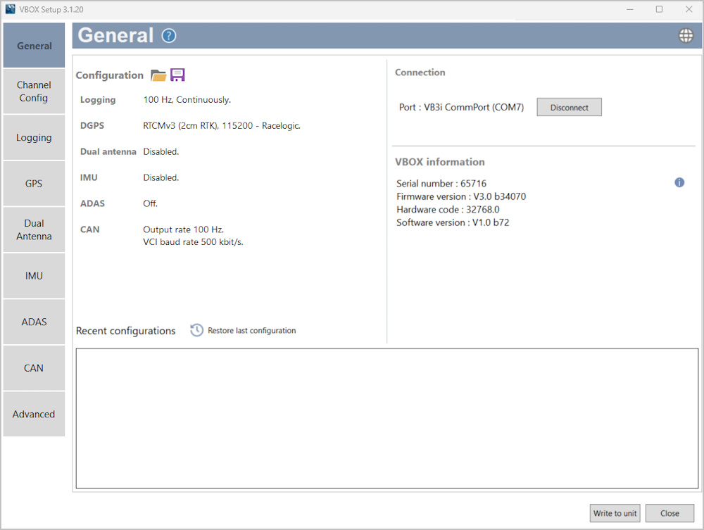 Screenshot of the General menu in VBOX Setup when connected to a VBOX 3i ADAS. 