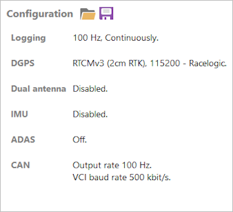 Screenshot of the Configuration area of the General Menu in VBOX Setup when connected to a VBOX 3i ADAS unit.