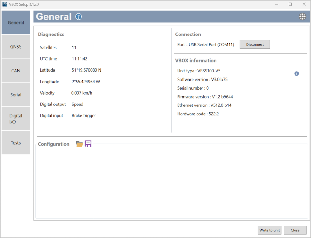 Screenshot of the General menu in VBOX Setup when connected to VBOX 100 Hz Speed Sensor (v5) unit.
