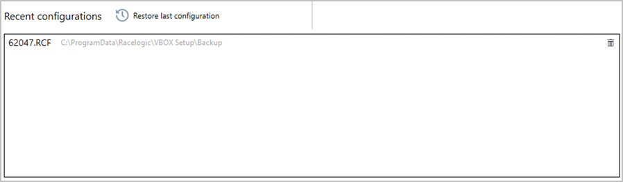 Screenshot of the Recent Configurations area of the General menu in VBOX Setup when connected to a VBOX 3i ADAS.