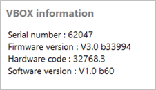 Screenshot of the VBOX Information area of the General menu in VBOX Setup when connected to a VBOX 3i ADAS unit.