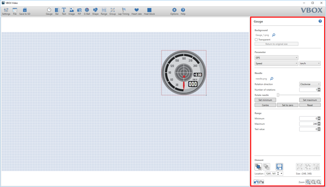 Screenshot of a group with the Gauge element selected.