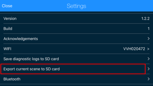 Screenshot of Settings menu in VBOX Video HD2 iOS app with 'Export current scene to SD card' highlighted.