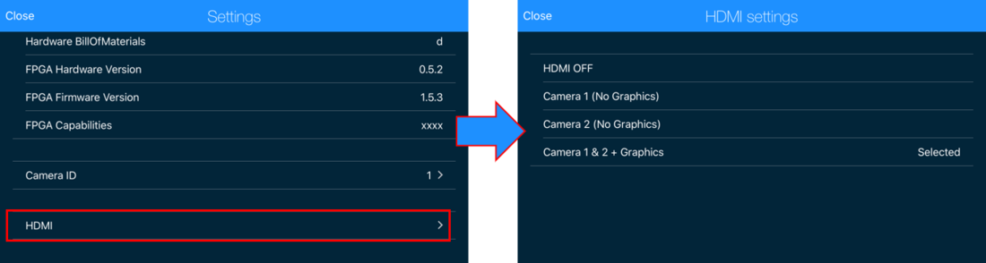 Screenshot from a mobile device of accessing the HDMI menu.