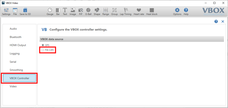 Screenshot of the VBOX Controller area of VBOX Video HD2 Setup software with FIA CAN highlighted.