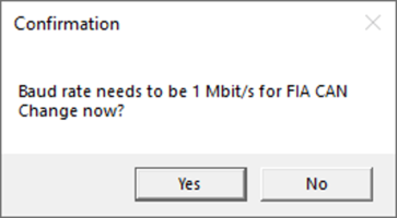Screenshot of a message confirmation window regarding Baud rate being set to 1 Mbit/s.