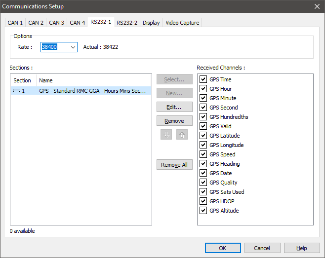 Screenshot of MoTec Dash Manager software with RS232-1 tab selected.