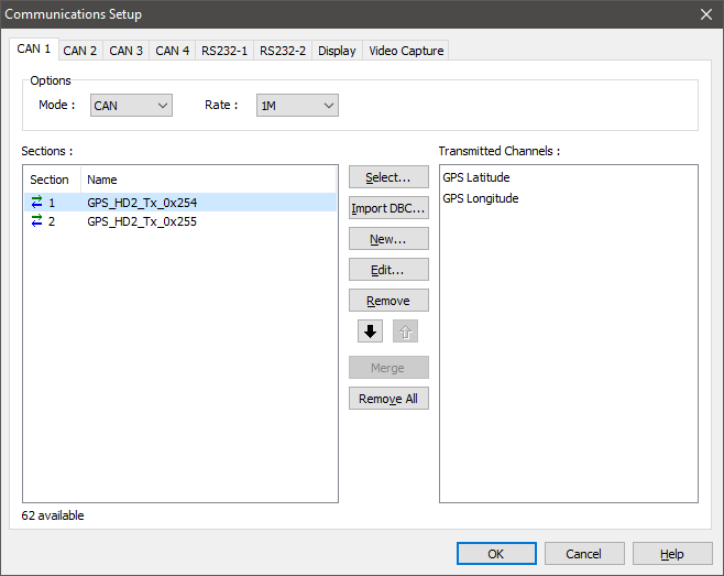 Screenshot of MoTec Dash Manager software with CAN1 tab selected.