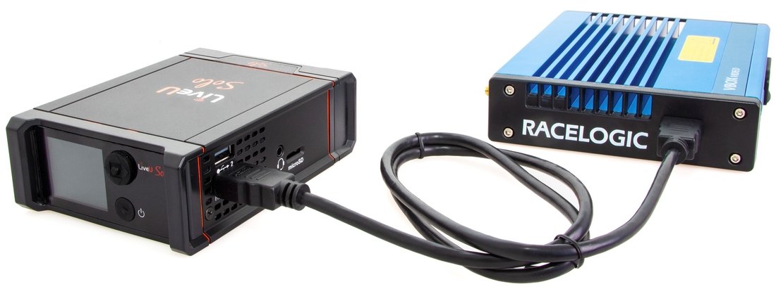 Photograph of a VBOX Video HD2 unit connected to a LiveU Solo HDMI unit.