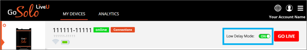 Screenshot of the LiveU Low Delay option.