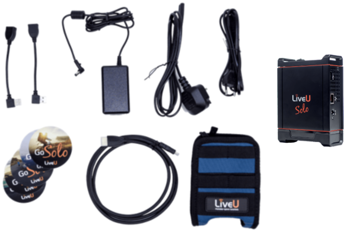 Image of the contents of a LiveU Solo HDMI package.