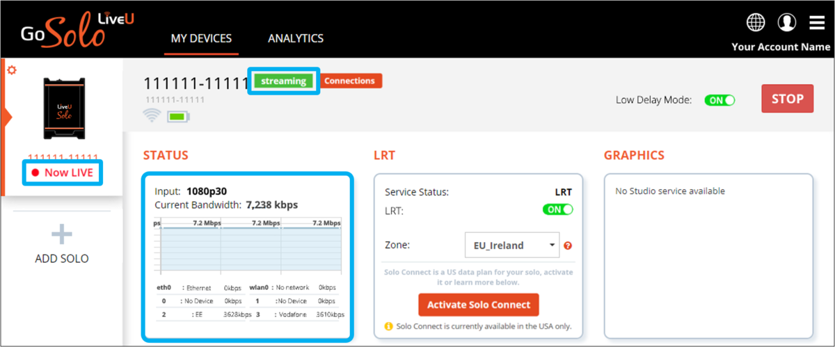 Screenshot of the LiveU data displaying that it is streaming.