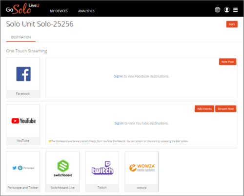 Screenshot of the LiveU One-Touch Streaming options.