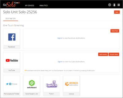 Screenshot of the LiveU One-Touch Streaming options.