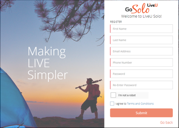 Screenshot of LiveU Web Portal Register screen.