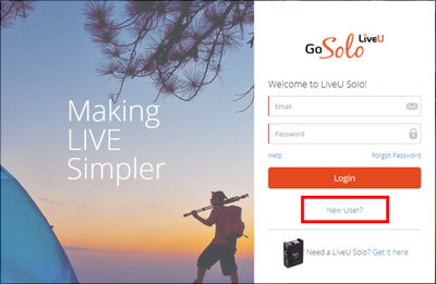 Screenshot of LiveU Web Portal Register screen.