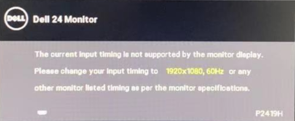 Screenshot of message on screen stating that the connected monitor is not compatible with the video.