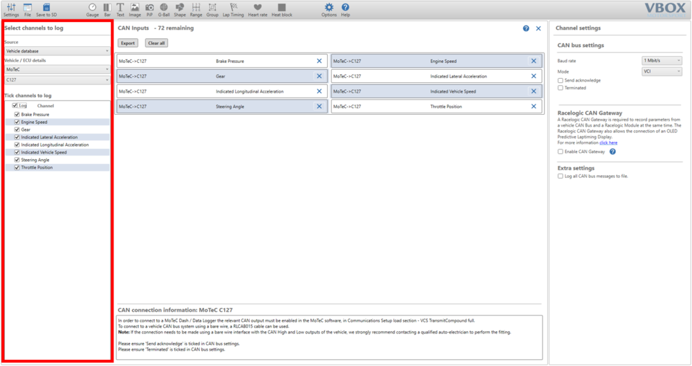 Screenshot from VBOX Video HD2 Setup software showing the Channel Selection area highlighted.