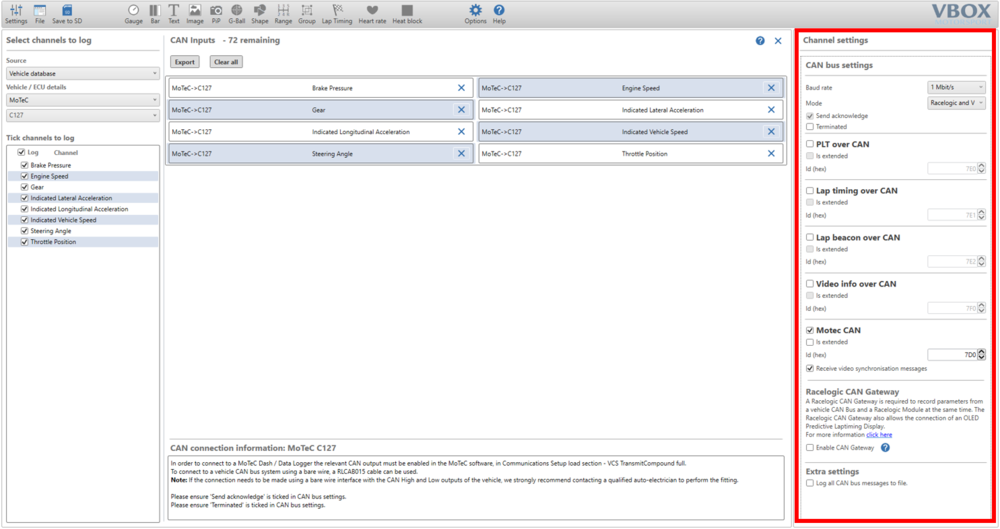 Screenshot of VBOX Video HD2 Setup software with Channel Settings area highlighted.