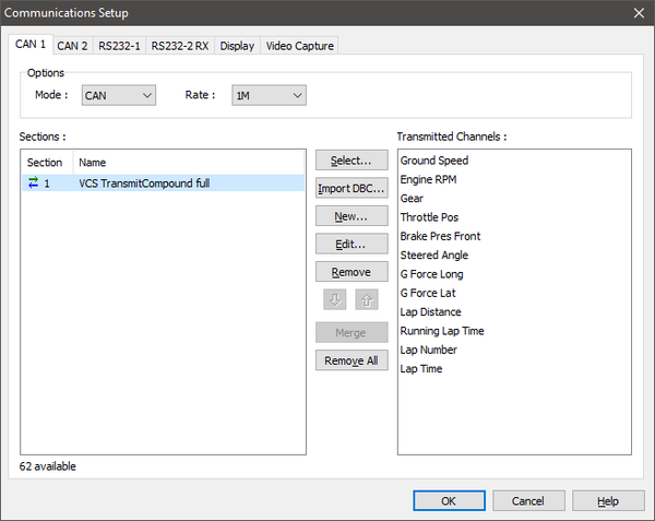 Screenshot of Dash Manager software displaying the CAN channels being sent to the VBOX Video HD2.
