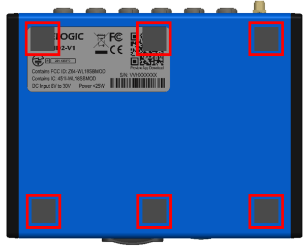 Diagram showing where to place sticky pads to the underside of a VBOX Video HD2.