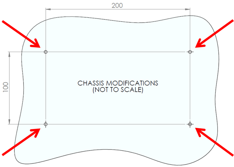 Diagram showing where to drill holes for the fastenings in the metal or plastic sheet.