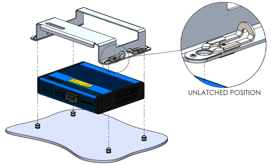 Diagram for positioning the bracket and VBOX Video HD2 with the metal or plastic sheet.