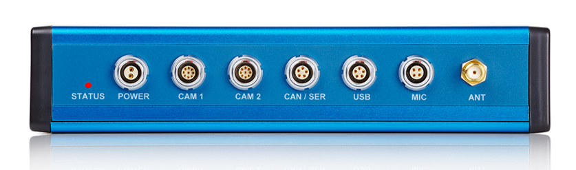 Photograph of the rear panel of a VBOX Video HD2 unit with a red status LED. 