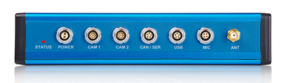 Photograph of the rear panel of a VBOX Video HD2 unit with a red status LED. 