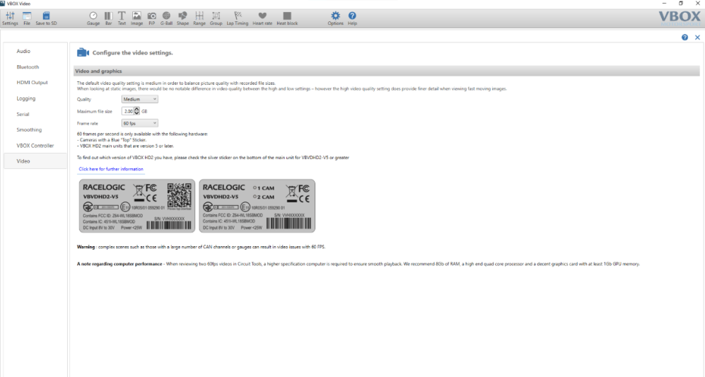 Screenshot from VBOX Setup showing the Video settings menu where you configure the Frame rate.